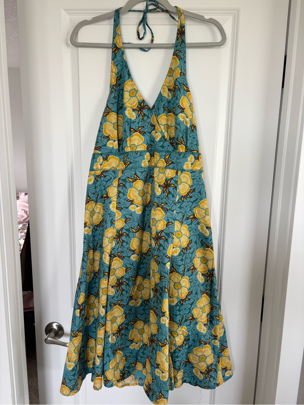 liz & co. Teal Halter Midi Dress with Yellow Floral Print